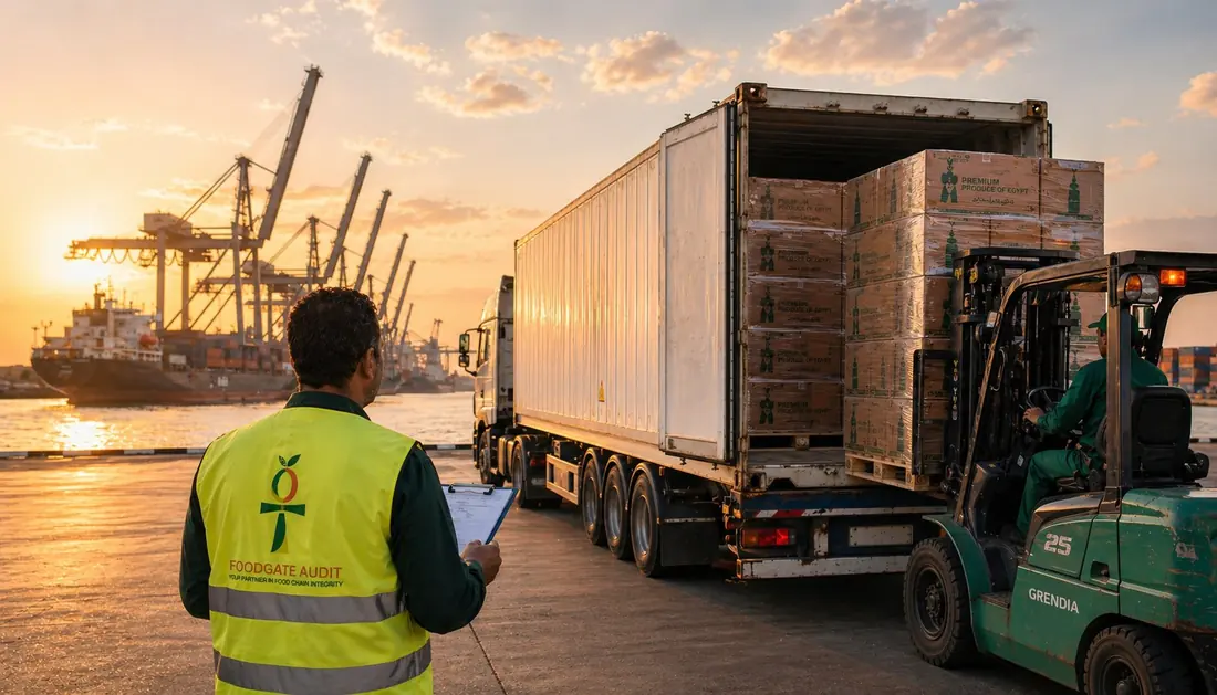 Egyptian port at sunset, a FoodGate Audit inspector with a clipboard as a forklift loads pallets of produce into a container